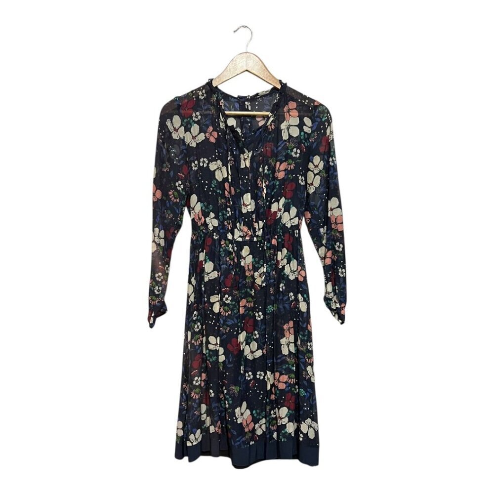 Marella Cotton SIlk Dress Blue Floral Long Sleeves Women's Size 6